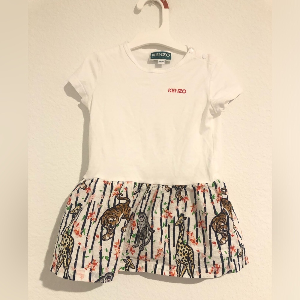 Kenzo White Dress with Zoo Animal Print Floral Size 18Months
